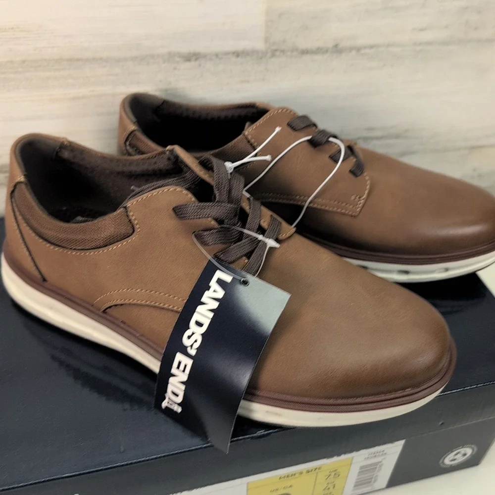 Lands End Sport Oxford Shoes Mens Dark Tan Brown Cushioned White‎ Sole NIB